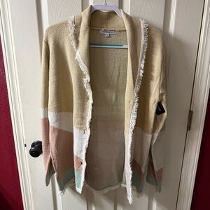 MISS SPARKLING Tan Cactus Print Fringe Cardigan Sweater M‎